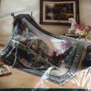 Thomas Kinkade Lamplight Manor Tapestry Throw Blanket 46x67 New USA Made Cotton